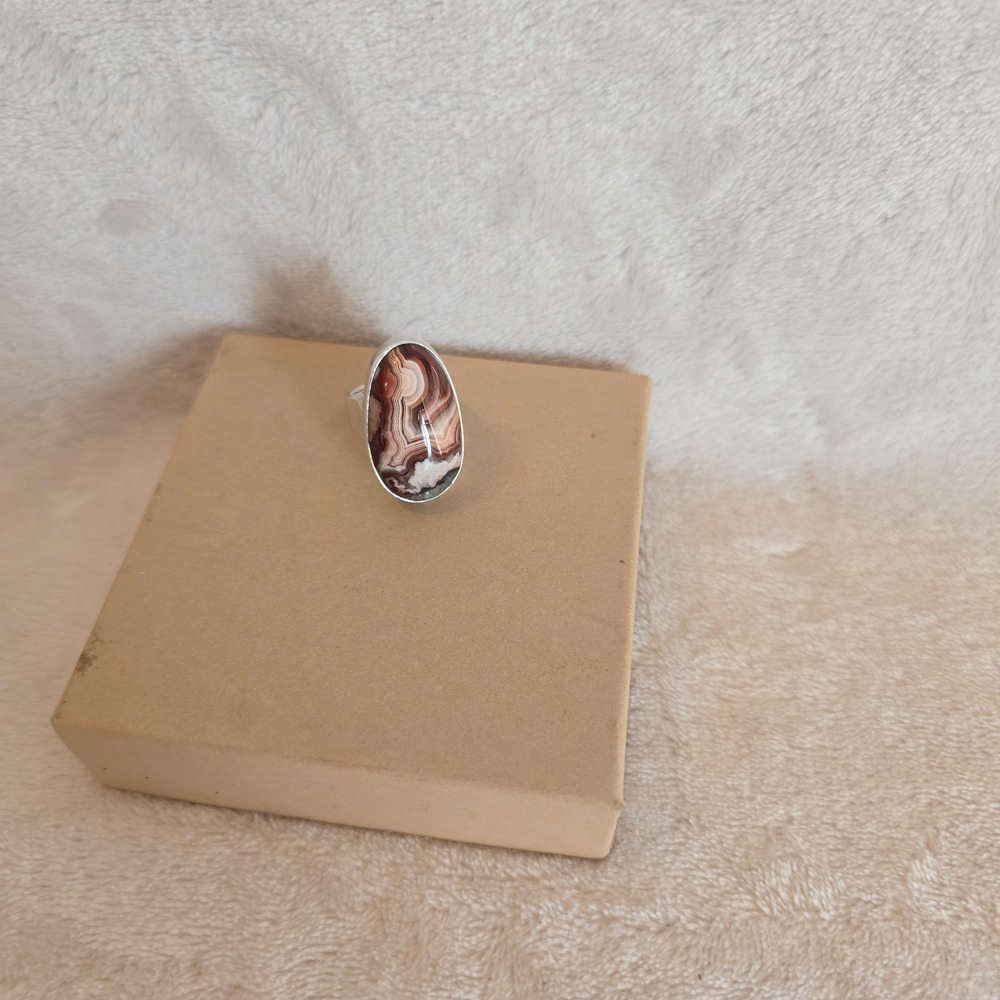 Oval Shaped Crazy Lace Agate Stone Sterling Silver‎ Ring Earthy Boho-chic